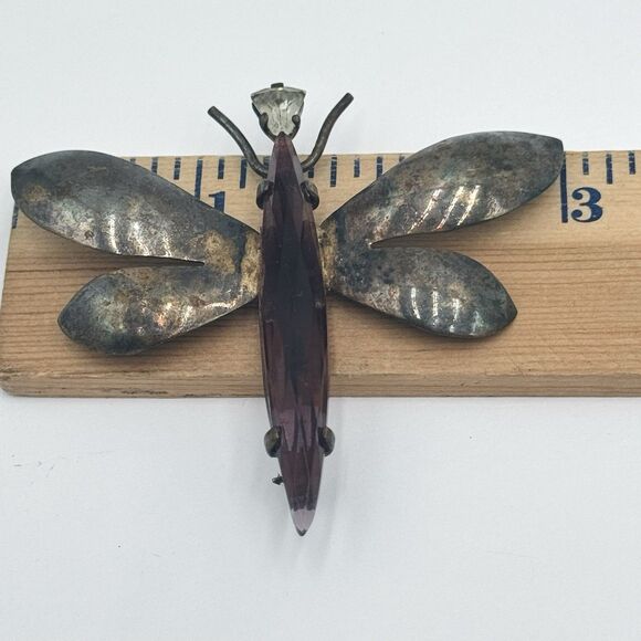 Vintage Jolle Sterling Dragonfly Brooch Pin Rhinestone Head / Purple Body - Picture 9 of 10